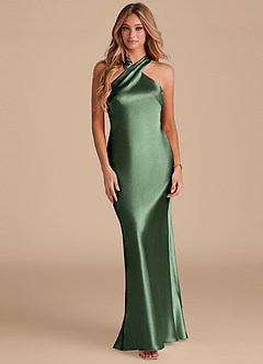 Azazie Doretta Bridesmaid Dresses Eucalyptus Mermaid Bow Metallic Satin Dress image3