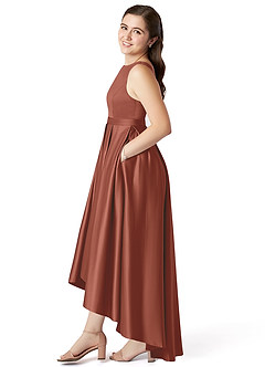 Azazie Inaya Junior Auburn A-Line with Belt Stretch Satin Dress image3