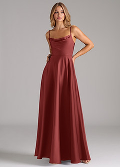 Azazie Elle Robes de demoiselle d'honneur Robe Trapèze en Satin extensible Plissé Terracotta image5