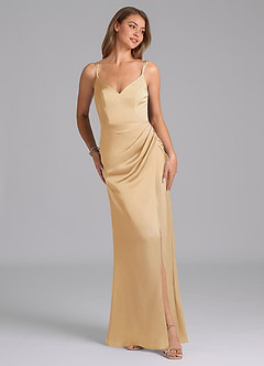 Azazie Leo Bridesmaid Dresses Gold Sheath Pleated Stretch Satin Dress image4