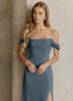 Azazie Saige Bridesmaid Dresses Twilight Sheath Off the Shoulder Stretch Satin Dress image2