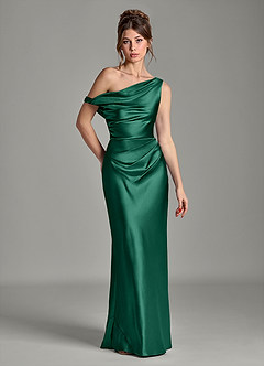 Azazie Emerson Bridesmaid Dresses Emerald Mermaid Off the Shoulder Metallic Satin Dress image1