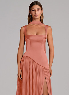 Azazie Stephanie Vestidos de damas de honor Vestido de Rosa Salmón de Satén Elástico de Corte en A con Plisado image6