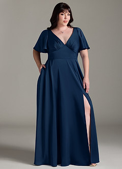Azazie Kimber Brudtärnklänningar Klänning av A-Line i Stretch Satin Ruched Mörk Marinblå image9