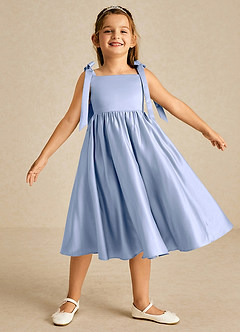 Azazie Chelsie Flower Girl Dresses Ice A-Line Bow Matte Satin Dress image1