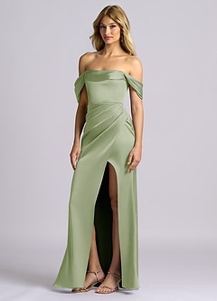Azazie Auden Robes de demoiselle d'honneur Robe Fourreau Convertible en Satin extensible Épaule décolletée Vert Sauge image4