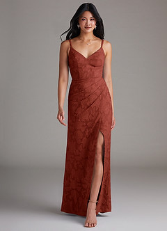 Azazie Leo Robes de demoiselle d'honneur Robe Fourreau en Blumen-Burnout Plissée Terracotta image4