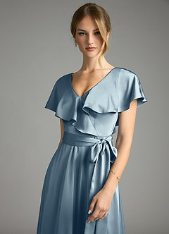 Azazie Lainey Bridesmaid Dresses Dusty Blue A-Line with Pockets Stretch Satin Dress image6