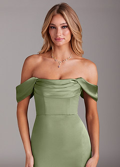Azazie Saige Bridesmaid Dresses Pistachio Sheath Off the Shoulder Stretch Satin Dress image7
