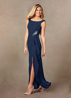 Azazie Yarrow At-home Try On Dresses Dark Navy A-Line Pleated Chiffon Dress image4