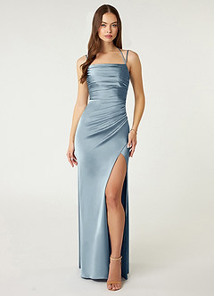 Azazie Desi Bridesmaid Dresses Dusty Blue Sheath Halter Corset Stretch Satin Dress image1