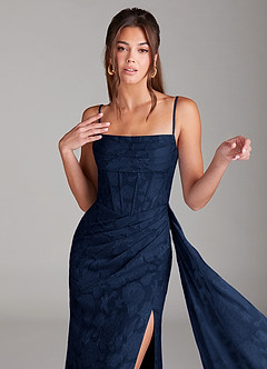 Azazie Denisa Bridesmaid Dresses Dark Navy Sheath Pleated Floral Burnout Dress image6