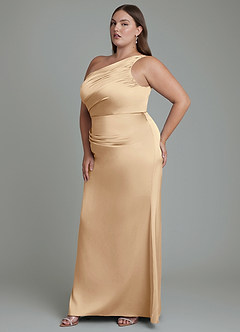 Azazie Akilah Bridesmaid Dresses Champagne Mermaid One Shoulder Stretch Satin Dress image4