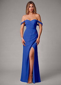 Azazie Haisley Bridesmaid Dresses Royal Blue Sheath Off the Shoulder Chiffon Convertible Dress image4