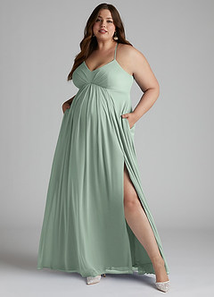 Azazie Annabelle At-home Try On Dresses A-Line V-Neck Pleated Mesh Floor-Length Dress image9
