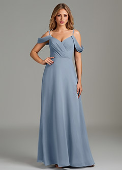 Azazie Julianne Essayer des robes à la maison Robe Trapèze en Mousseline de soie Épaule décolletée Bleu Poussiéreux image6