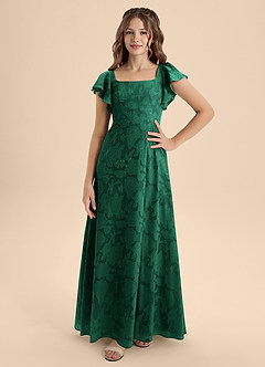 Azazie Bondi Junior Emerald A-Line Bow Floral Burnout Dress image4