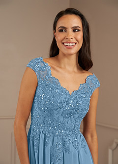 Azazie Amethyst Mère de la mariée Robes Robe Trapèze en Mousseline de soie Paillettes col V Acier Bleuté image7