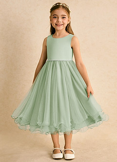 Azazie Lass Abiti da Ragazza di Fiori Abito A-Line in Tulle Fiocco Verde Salvia image5