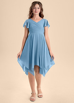 Azazie Janeaurelia Junior Steel Blue A-Line Pleated Chiffon Dress image6