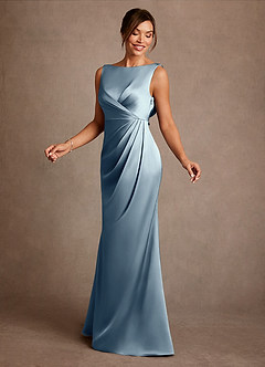 Azazie Baltimore Abiti per la Madre della Sposa Abito A-Line in Raso Elasticizzato Plissettato Blu Polveroso image3