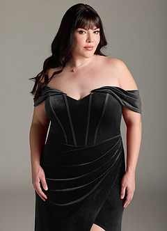 Azazie Jas Jurken voor bruidsmeisjes Converteerbaar Jurk van flueel met Kolom Off-the-shoulder korset Zwart image14