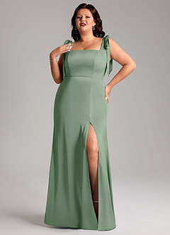 Azazie Frostine Bridesmaid Dresses Matcha A-Line Bow Stretch Satin Dress image7