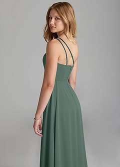 Azazie Maron Junior Sea Moss A-Line Pleated Stretch Satin Dress image2