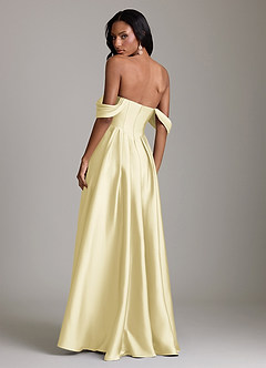 Azazie Loisa Bridesmaid Dresses Lemon Sorbet A-Line Off the Shoulder Stretch Satin Dress image2