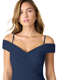 Azazie Lecia Bridesmaid Dresses Dark Navy Empire Off-The-Shoulder Pleated Chiffon Convertible Dress image2