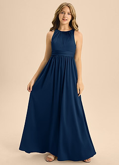 Azazie Jaylah Junior Vestido de Azul Marino Oscuro de Satén Elástico de Corte En A con Plisado image4