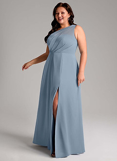 Azazie Phaedra Vestidos de damas de honor Vestido de Azul Polvoriento de Gasa de Corte en A con Hombro unilateral image6