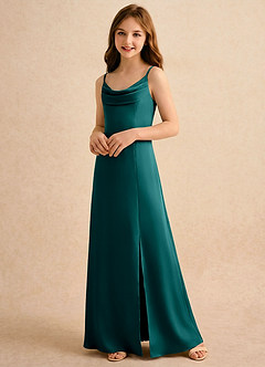 Azazie Shira Girls Formal Robe Demoiselle D'honneur Fillette Robe Trapèze en Satin extensible Plissée Paon image3