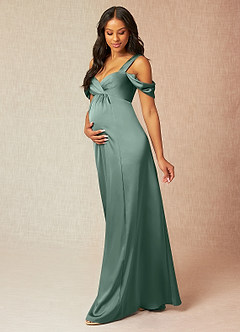 Azazie Rhea Robes de demoiselle d'honneur de maternité Robe Trapèze Épaule nue plissée Longueur ras du sol Satin extensible image3
