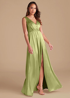 Azazie Tanicia Bridesmaid Dresses Pistachio A-Line Pleated Metallic Satin Dress image4