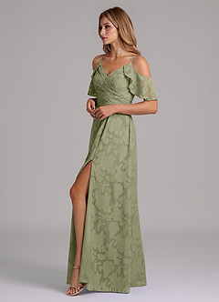 Azazie Dakota Bridesmaid Dresses Pistachio A-Line Off the Shoulder Floral Burnout Dress image6