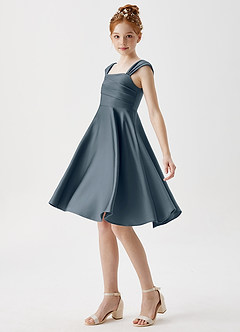 Azazie Amira Junior Twilight A-Line Pleated Stretch Satin Dress image4