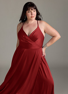 Azazie Davis Bridesmaid Dresses Pomegranate A-Line Pleated Stretch Satin Dress image11