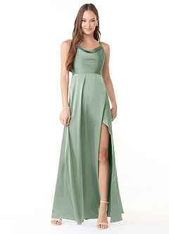 Azazie Naomie Bridesmaid Dresses Agave A-Line Cowl Neckline Side Slit Stretch Satin Dress image1