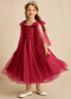 Azazie Dori Robe Demoiselle D'honneur Fillette Robe Trapèze en Tulle Rayé Écarlate image5