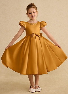 Azazie Pearl Flower Girl Dresses Butterscotch Ball-Gown Pleated Matte Satin Dress image4