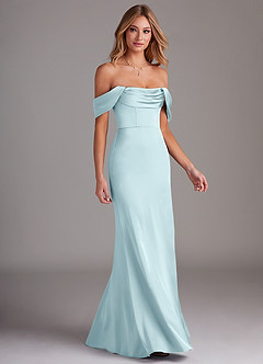 Azazie Saige Bridesmaid Dresses Cloud Blue Sheath Off the Shoulder Stretch Satin Dress image6