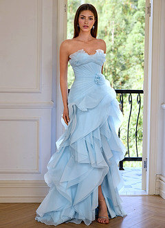 Aurelia Bleu Timide Robe de bal asymétrique à volants, décolleté en cœur et coupe trapèze, ornée de fleurs image6