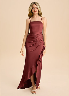 Azazie Buzzy Junior Terracotta Sheath Pleated Stretch Satin Dress image3