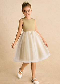 Azazie Esme Flower Girl Dresses Ivory Gold Ball-Gown Bow Tulle Dress image3