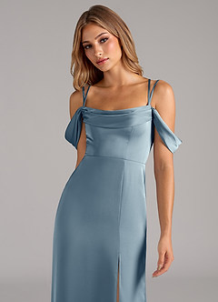 Azazie Callan Bridesmaid Dresses Dusty Blue A-Line Pleated Stretch Satin Convertible Dress image6