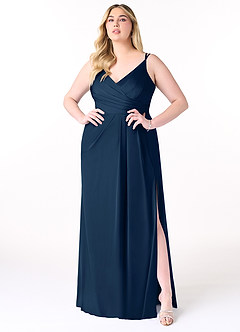Azazie Aqua Bridesmaid Dresses Dark Navy A-Line V-Neck Pleated Stretch Satin Dress image8