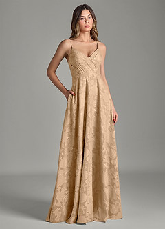 Azazie Amani 신부 들러리 드레스 A라인 주름진 플로럴 번아웃 바닥 길이 드레스 image3