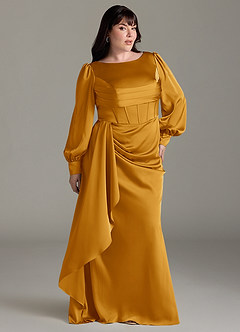 Azazie Raye Robes de demoiselle d'honneur Robe Sirène en Satin extensible Manche longue Caramel écossais image9
