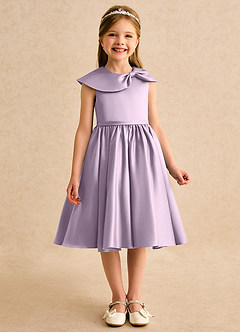 Azazie Acorn Flower Girl Dresses Frosted Lilac A-Line Pleated Matte Satin Dress image3
